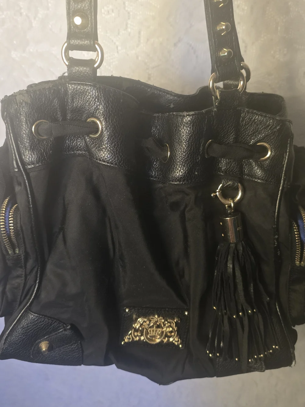Vintage Juicy Couture Black Leather Tassel Bag Charm / Purse for Repair TLC READ